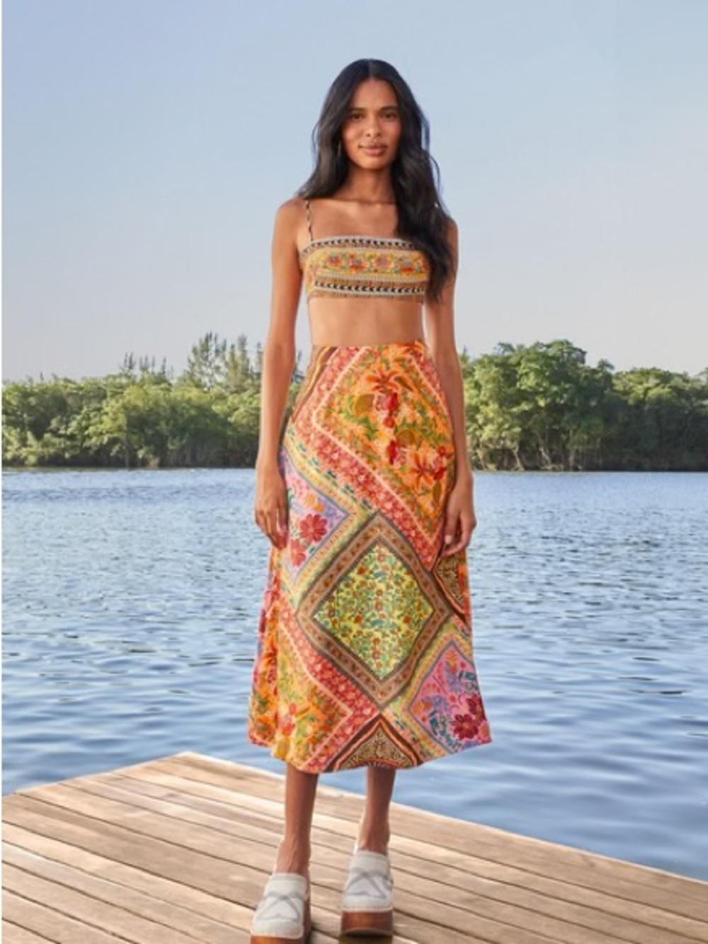 Farm Rio Mixed Scarves Midi Skirt